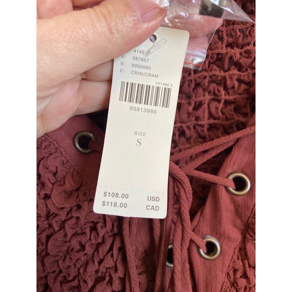 Anthropologie Sheer Cover-Up Midi Dress Crimson Smocked Lace-Up Boho Small NEW - Picture 4 of 6